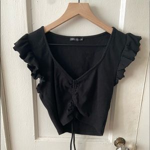 Zara Black Ruffle Sleeveless Pull Tie Crop Top